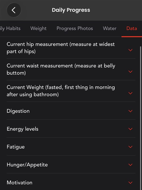 Coaching app daily progress screen tracking habits, weight, water, digestion, energy, sleep, and stress.