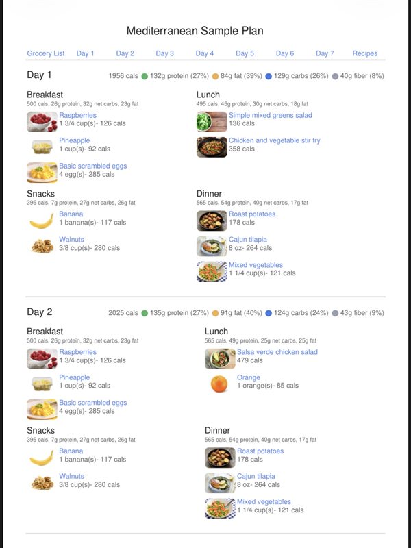 Coaching app screen showing a sample seven-day meal plan with meals, portions, and calories.