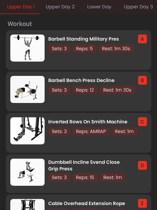 Coaching app workout screen listing exercises with sets, reps, and rest times.