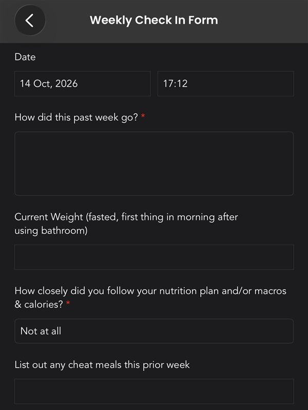 Coaching app weekly check-in form asking how the week went and how closely the plan was followed.